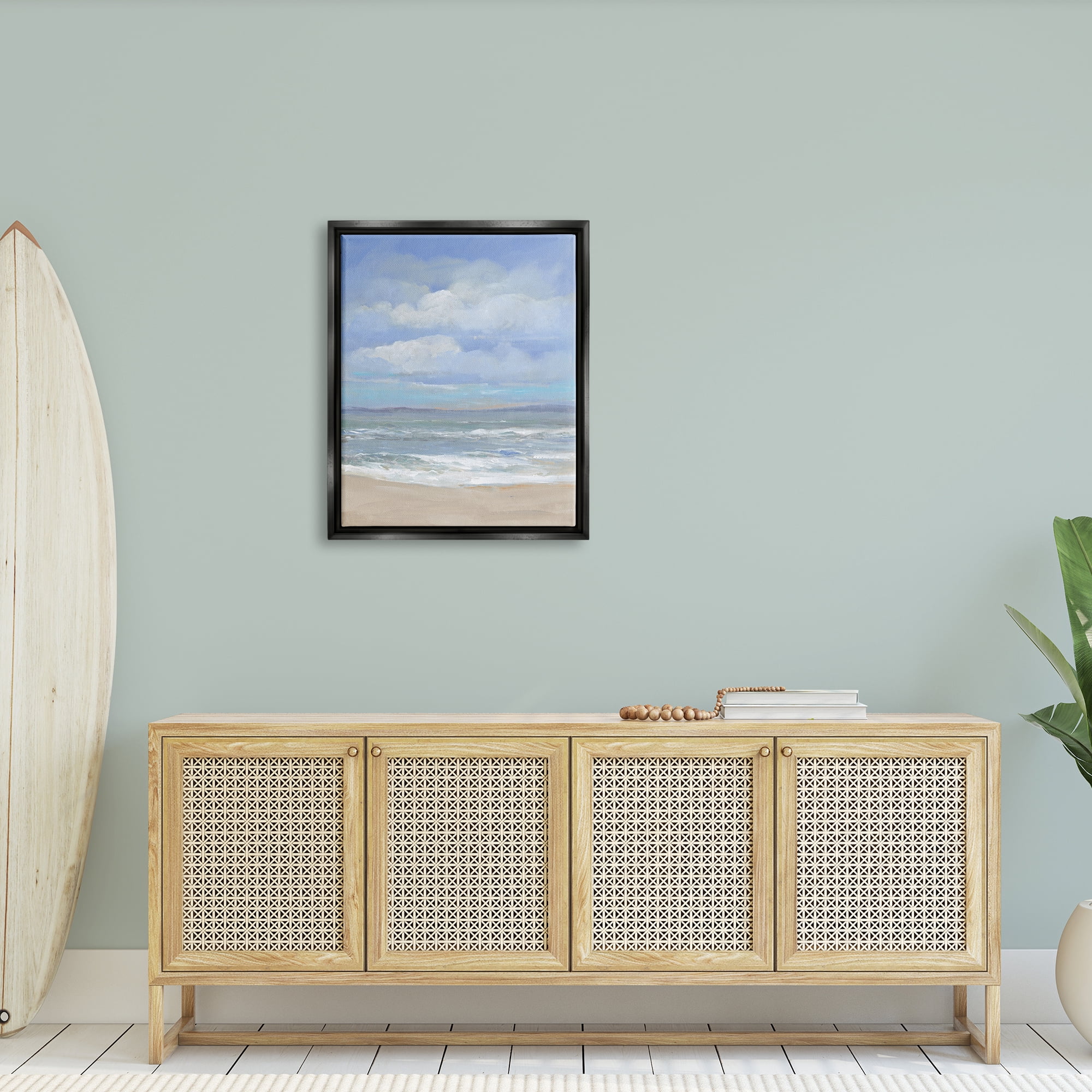 Stupell Cloudy Ocean Bay Shoreline Landscape Painting Black Floater Framed Art Print Wall Art