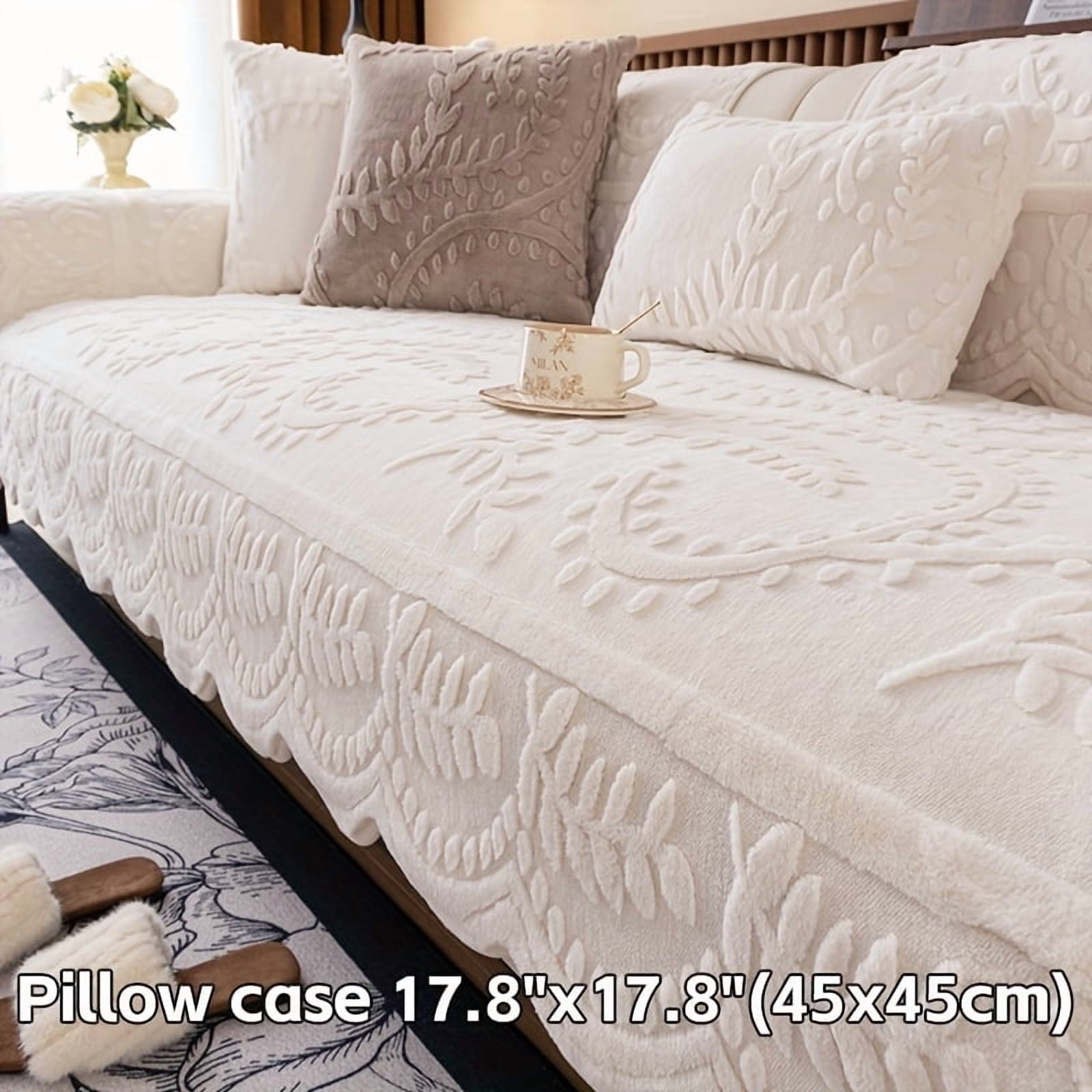 1pc Thick Faux Rabbit Fur Winter Warm Sofa Cover - Elegant Beige Floral & Leaf Pattern, Pet-Friendly Non-Slip Couch Protector for 1-4 Seater Sofas, Modern Style for Living Room, Bedroom, Office Decor