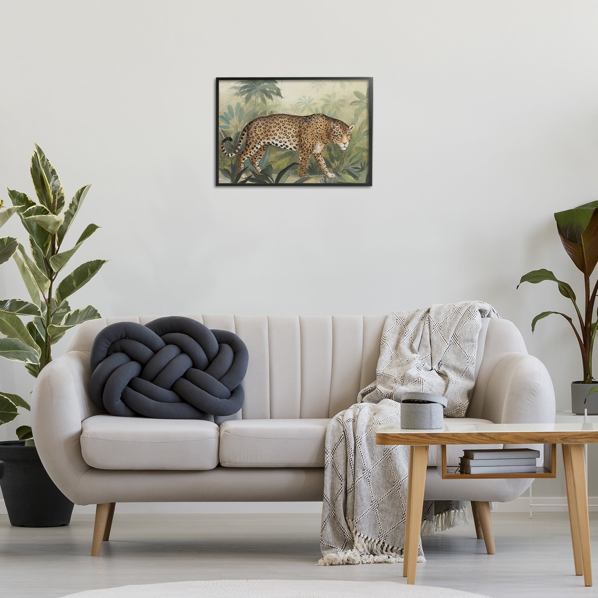 Stupell Industries Prowling Leopard in Forest Landscape Painting Black Framed Art Print Wall Art, 24 x 16