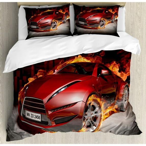 Cars Duvet Cover Set King Size, Red Sports Car Burnout Tires in Flames Blazing Engine Hot Fire Smoke Automobile, Decorative 3 Piece Bedding Set with 2 Pillow Shams, Red Black Orange, by Ambesonne