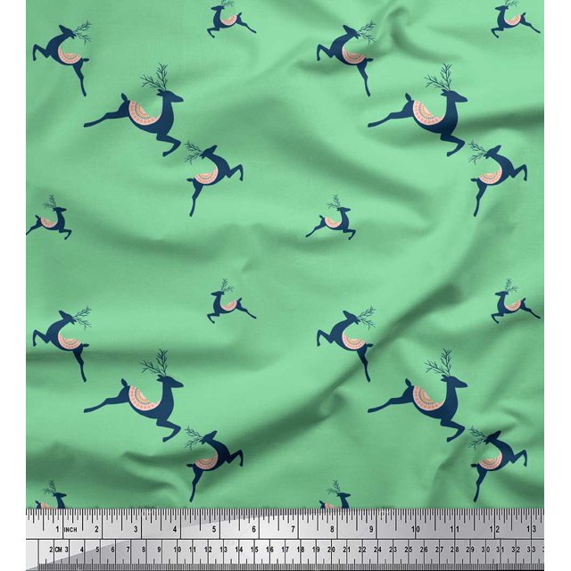 Soimoi Green Velvet Fabric Reindeer Animal Print Sewing Fabric Yard 58 Inch Wide