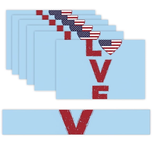 7 Piece Linen Table Runner and Placemats Set, Patriotic Love Heart Round Corner Heat Resistant Washable Table Mats for Home Kitchen Dining Party Decoration