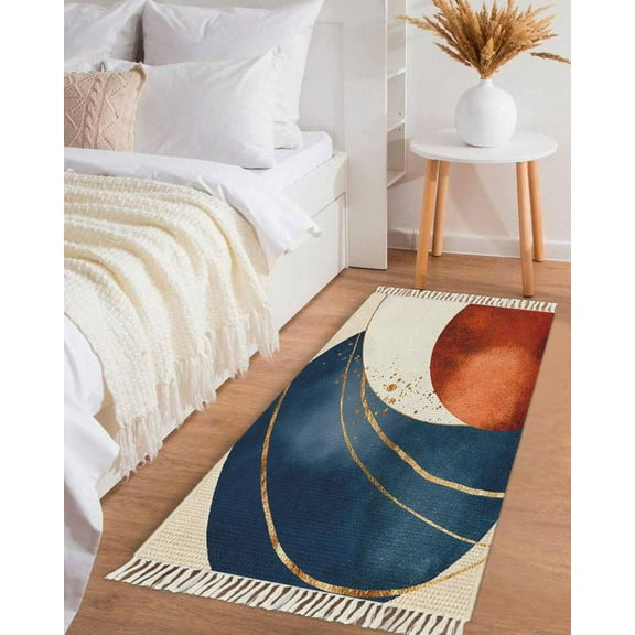Navy Blue Burnt Orange Hallway Runner Rug 2x5ft,Modern Boho Art Geometric Washable Woven Living Room Bedroom Kitchen Bathroom Carpet with Tassels,Indoor Outdoor Throw Door Mat for Entryway