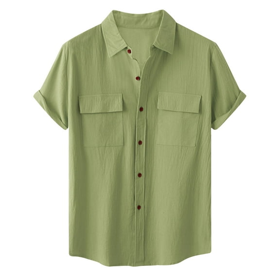 asdoklhq Clearance, 2025 Summer Fall Mens Tops Clearance under $5 Men Casual Solid Buttons Beach Double Pocket Turndown Short Sleeve Shirt Blouse,Green XXL
