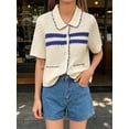thumbnail image 5 of Womens Striped Short Sleeve Sweater Casual Knitted Button Down Crochet Cardigan Vintage Y2k Hollow-Out Tops, 5 of 6