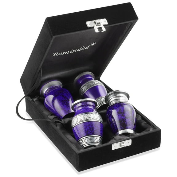 Reminded  Small Cremation Keepsake Urns for Human Ashes, Set of 4 Purple and Silver Miniature Urns with Velvet Case and Bags