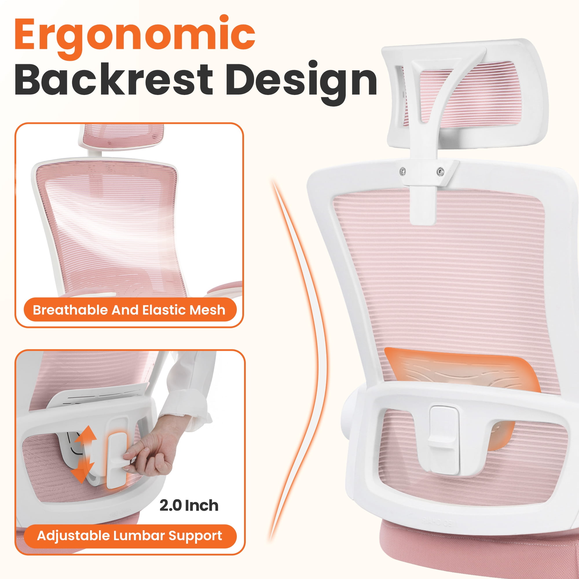 NEO Chair Office Desk Chair Gaming Computer High Back Support Mesh Comfy Seat with Adjustable Ergonomic Headrest Lumbar Rolling Flip-up Armrests and Wheels (Headrest Pink)