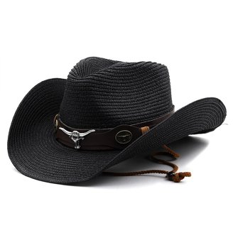 Womens Men Western Straw Cowboy Hat with Wind Lanyard Summer  display picture 1