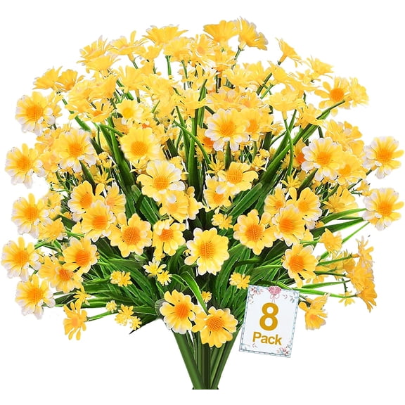 8 Bundles Daisy (376 Head) Artificial Flowers Outdoor Summer Decor UV Resistant Fake Flowers Faux Plastic Greenery Shrub Plant for Indoor Garden Home Porch Box Spring Décor(Yellow)