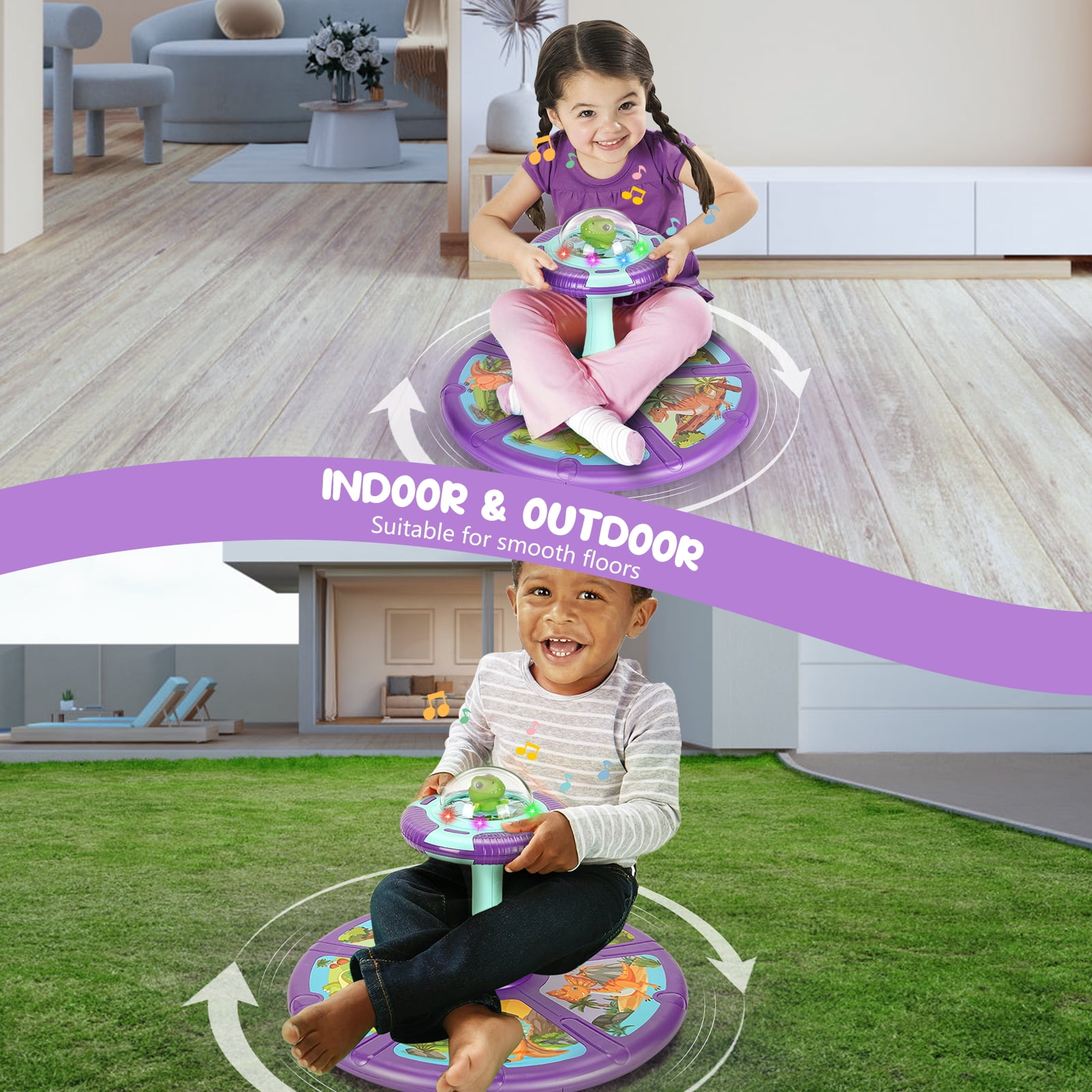Dinosaur Sit and Spin Toys for Toddler Boys Age 1 2 3 with LED & Music, Birthday Gift for Boy Girl Age 2-4, 18+ Months