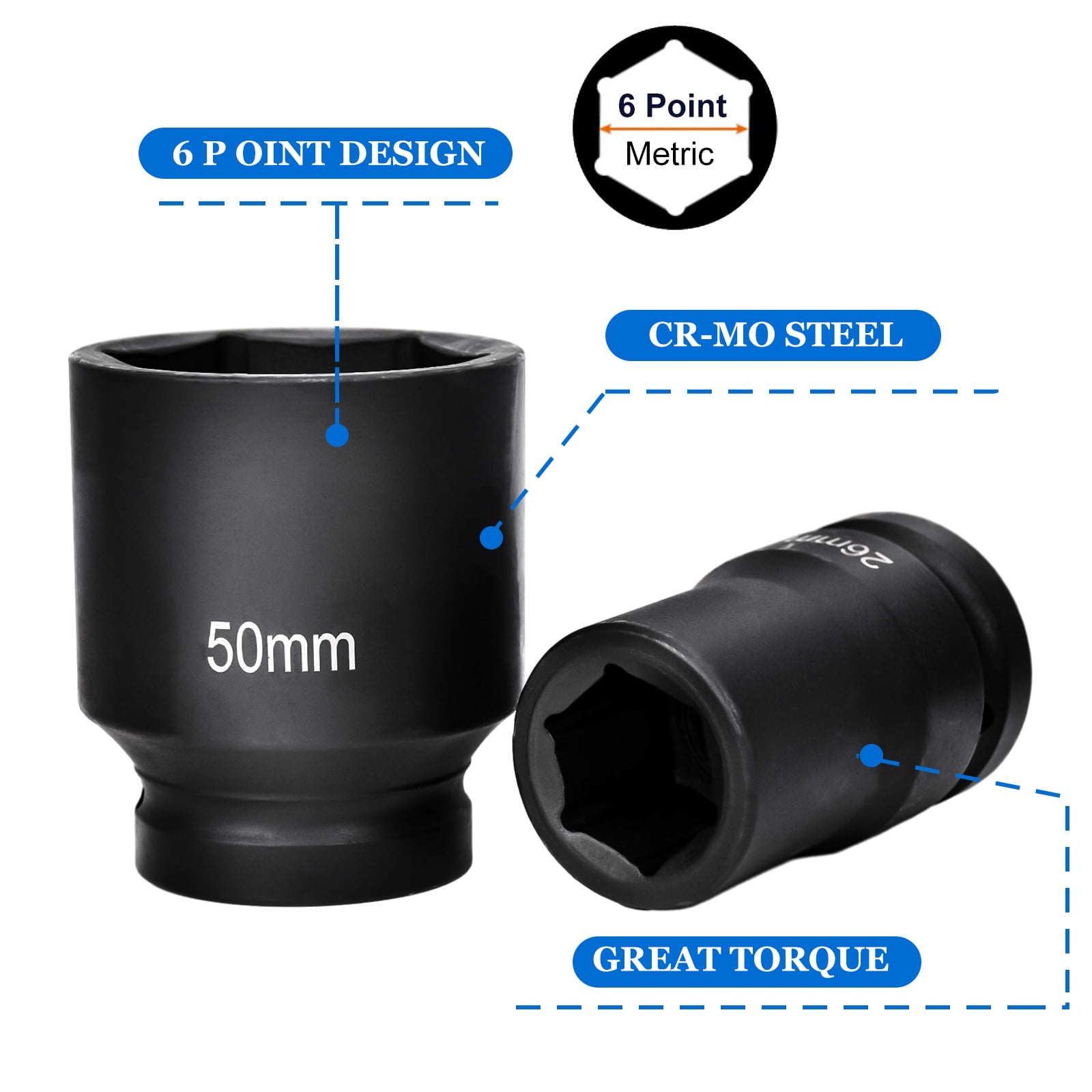 iMeshbean Impact Socket Set 9-Piece 1"Deep Drive Impact Socket Set for Automotive and DIY Projects, Includes 26/27mm, 29/32/35/38/41/46/50mm Jumbo