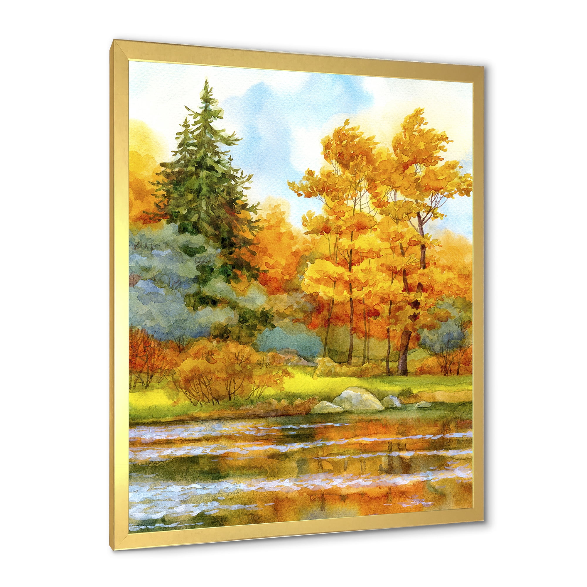 Designart 'Autumn Forest By The Lake Side I' Lake House Framed Art Print