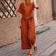 thumbnail image 4 of Pantalones Top básico de lino Pantalones recortados Cuello redondo Color sólido Manga corta Traje de vacaciones Cgtredaw Naranja T M para Mujer, 4 of 7
