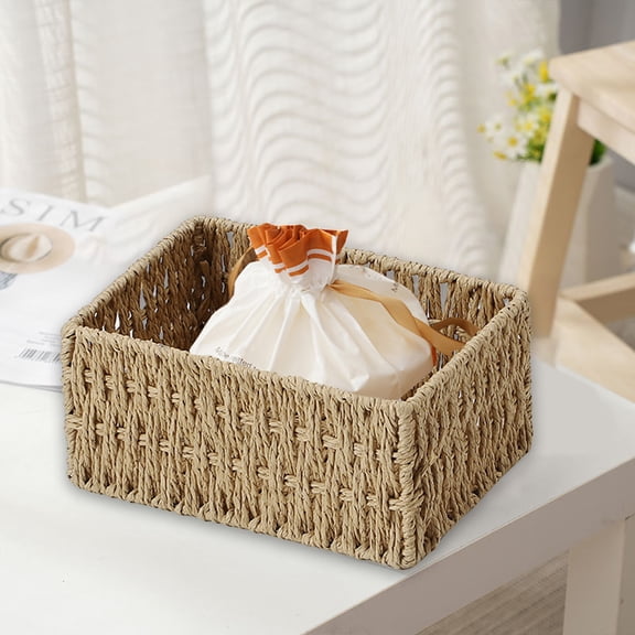Fmxomd Small Wicker Basket, Natural Storage Baskets for Organizing, Rectangular Woven Basket for Storage, Decorative Boxes Bins for Clothes, Toy(8.85" x 6.3" x 4.33")