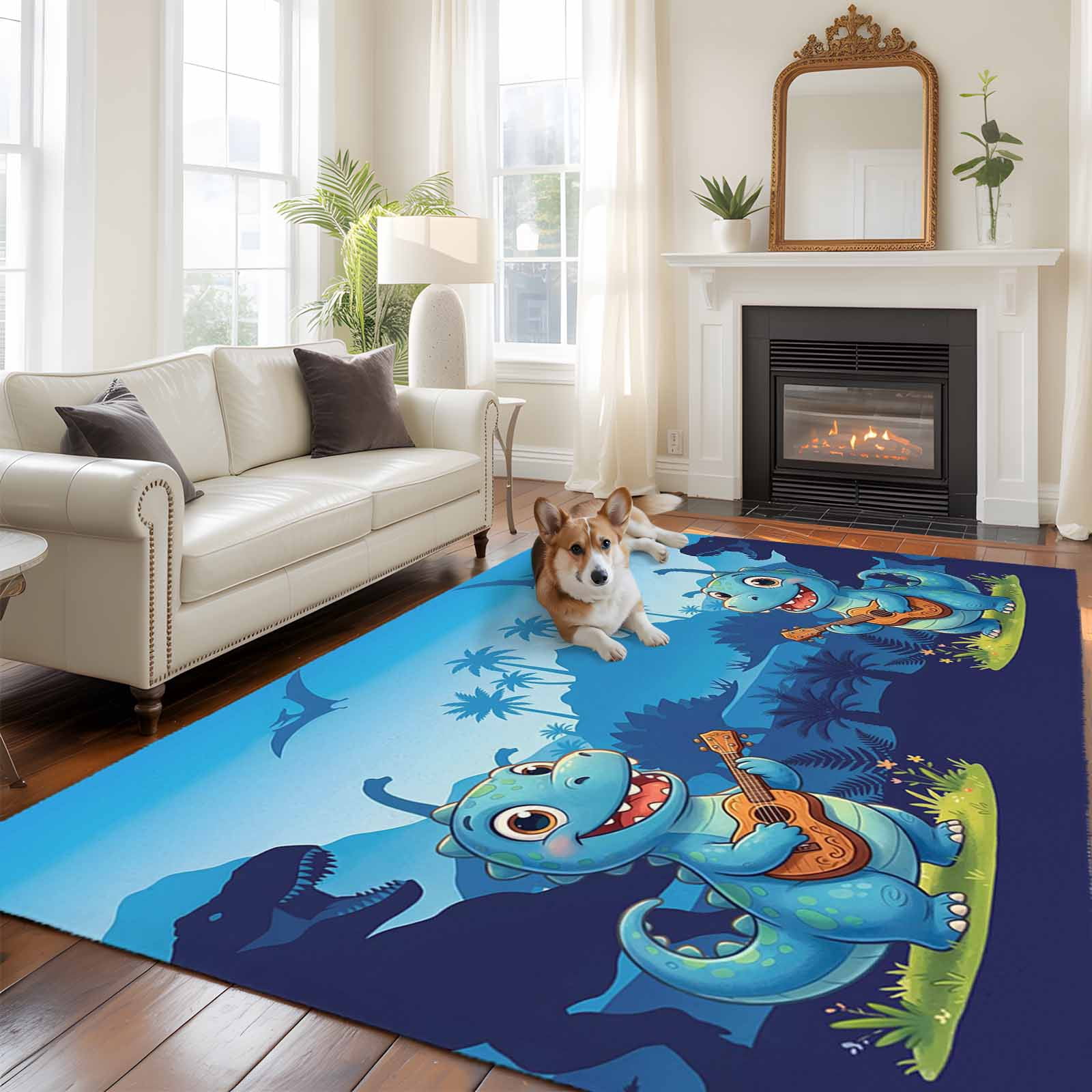 Funny Dinosaur Area Rugs 5'x8', Washable Small Throw Rugs for Classroom Bedroom, Playing Guitar Palm Tropical Blue Silhouette Indoor Outdoor Rug Non-Slip Low Pile Carpet Runner Reversible Floor Mats