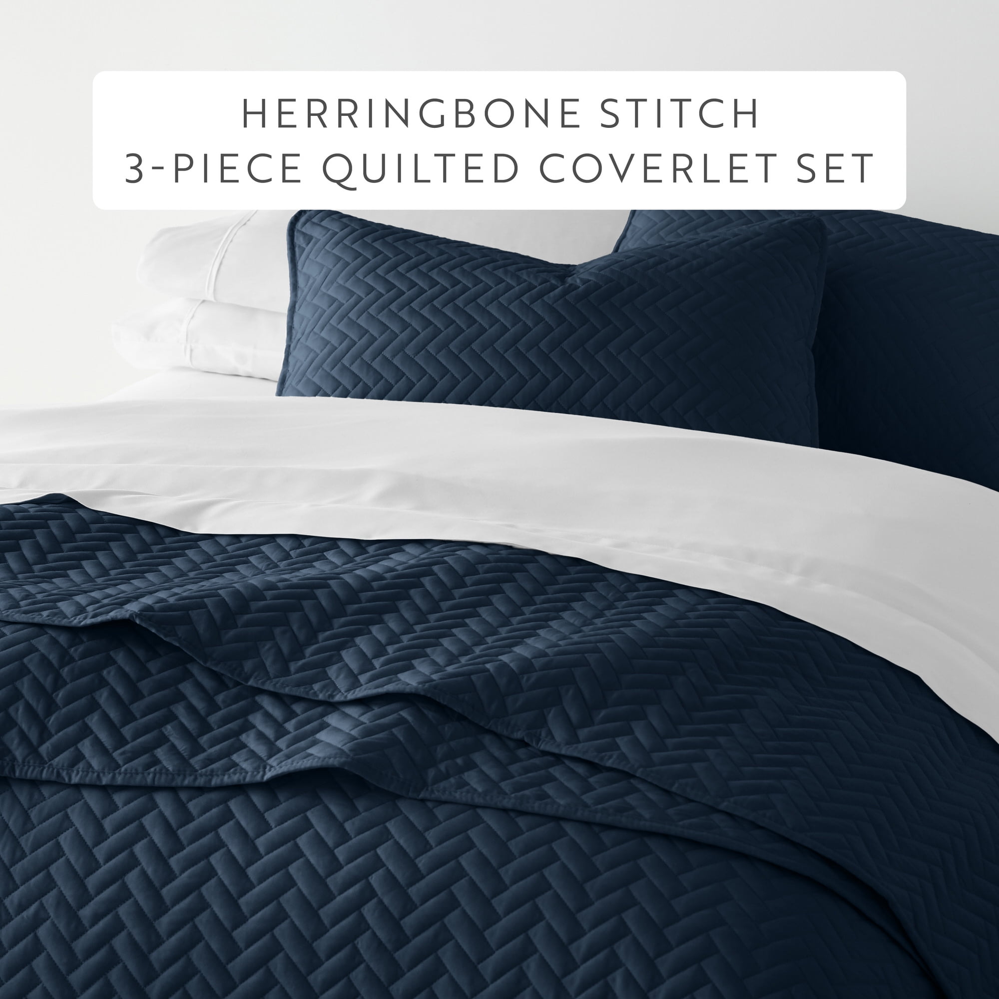 Noble Linens Navy Herring Pattern Quilted Coverlet, Full/Queen