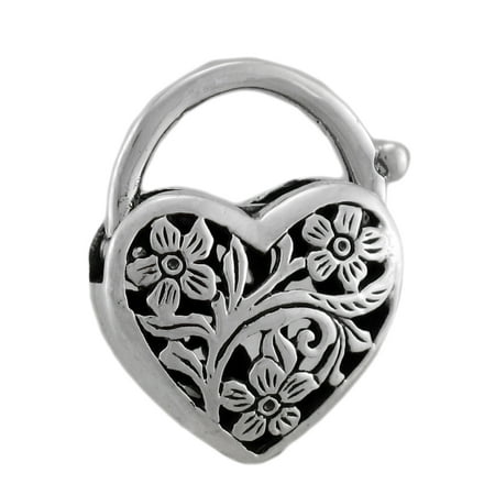 Sterling Silver Open Work Floral Design Heart Padlock Pendant