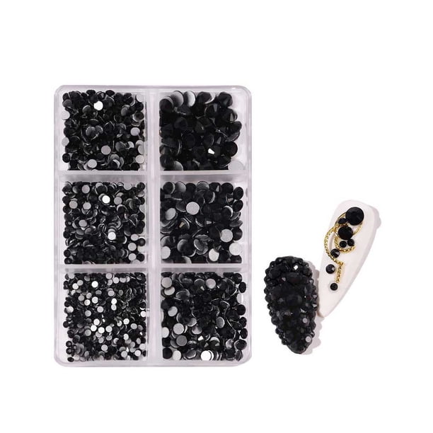 Qarigey Uñas de cristal para uñas, 6 cajas de cristal de fondo plano para decoración de uñas, joyas de diamantes, Kit de piedras, bolsas, Juegos de manicura Diamante de imitación negro