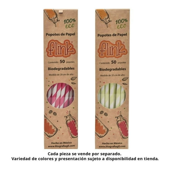 Popotes de papel Flink biodegradables 20 cm varios colores 50 pzas