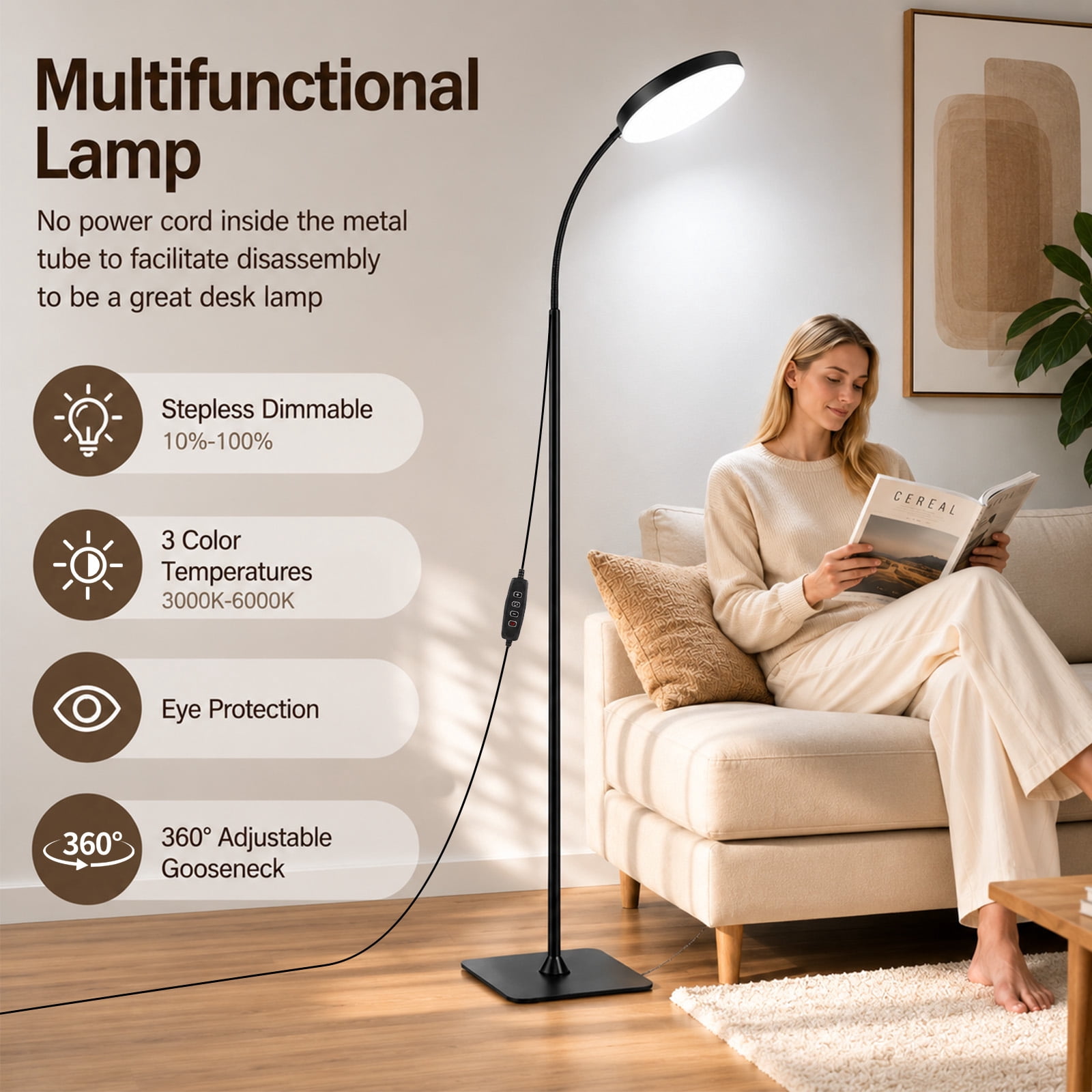 Gaormii Adjustable Height LED Floor Lamp, 3 Colors and 10 Brightness Dimmable Standing Lamp for Living Room Bedroom Office, Black