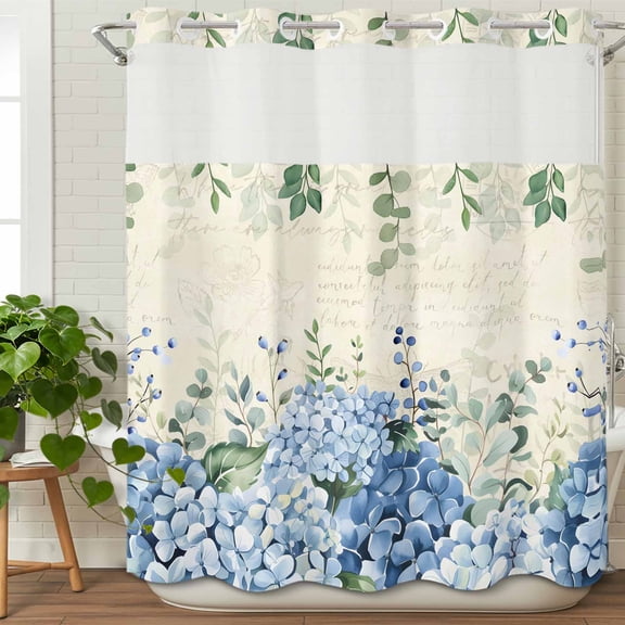 No Hook Shower Curtain with Snap in Fabric Liner Set-Green Eucalyptus Leaves Blue Hydrangea Flower Bathroom Curtains with See Through Mesh Top Window,Retro Letter Waterproof Shower Curtain 72x72In