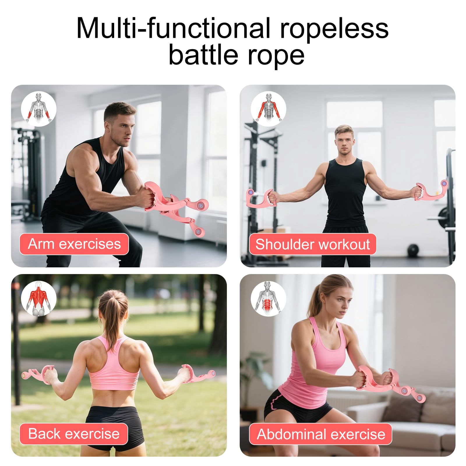 Ropeless Battle Ropes for Home Gym, No Anchor & Portable - Spring Weighted Handles, Tangle-Free & Quiet Training Ropes for Full Body HIIT Workout, Men & Women (Cordless, Space-Saving)