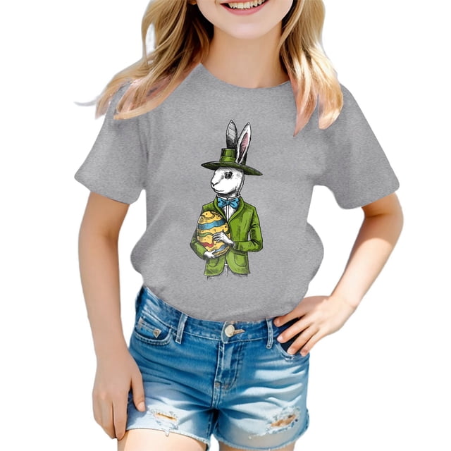 Gibobby Camisas De Vestir Camisa de conejito de Pascua para niños pequeños y niñas, camiseta de Pascua, camisetas gráficas de conejo lindo para niños (Gris, 7-8 Años)