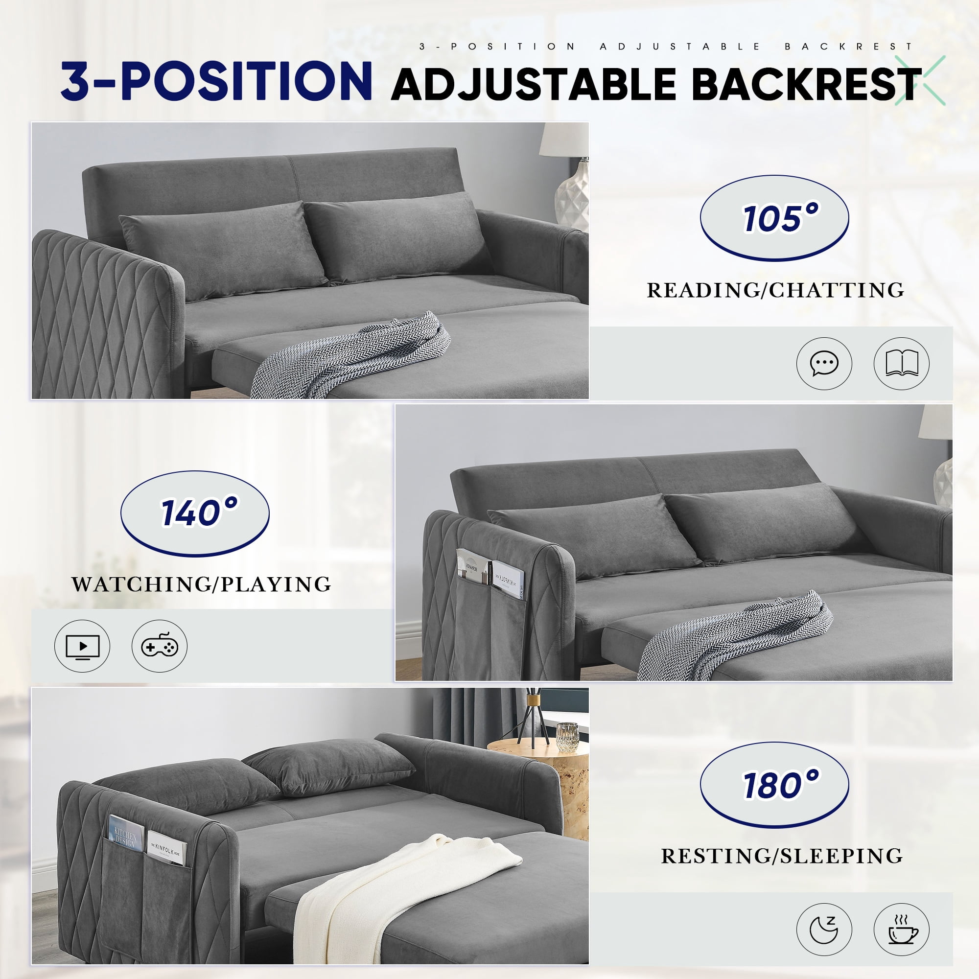 Lunale Convertible Futon Sofa Bed for Living Room, Modern Upholstered Loveseat Sleeper in Gray