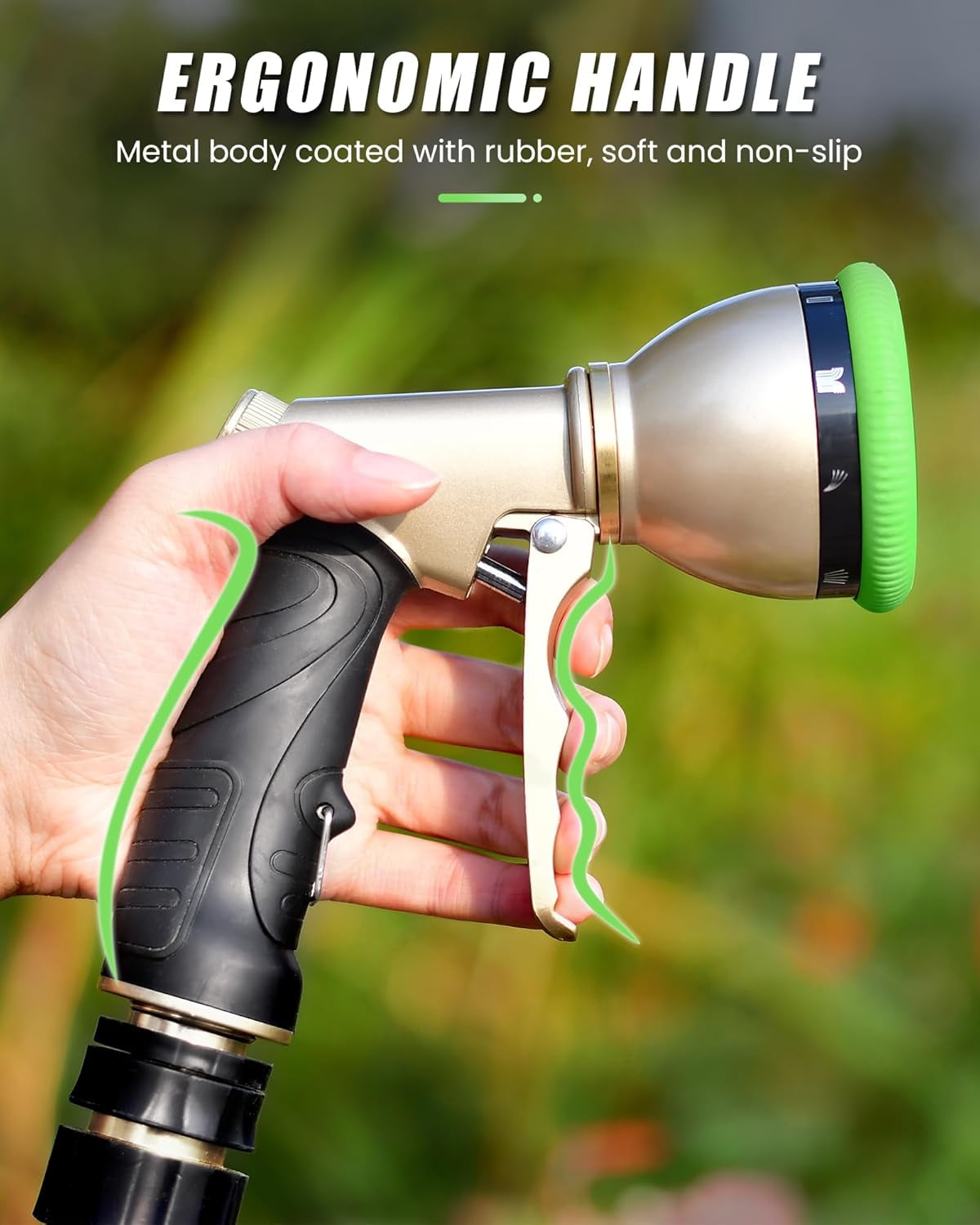Garden Hose Nozzle, Heavy Duty Metal Water Hose Sprayer Nozzle with 9 Adjustable Spray Patterns, High Pressure Hand Sprayer for Watering Plants, Lawns, Car and Pet Washing (1, Green)