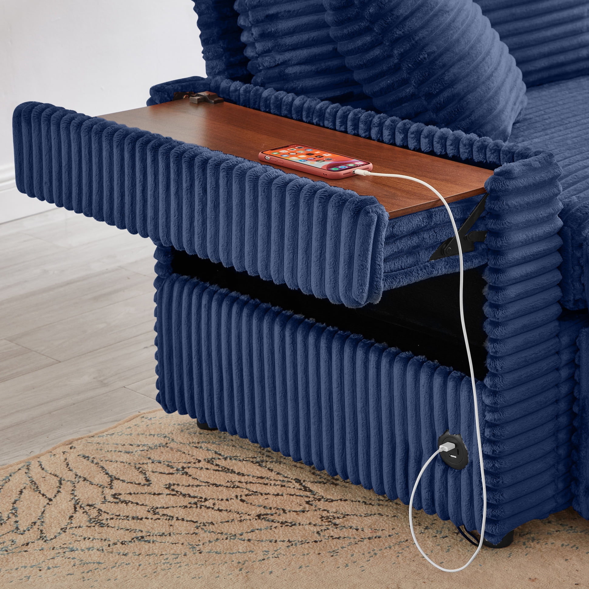 68" Double Chaise Lounges Indoor, Chenille Upholstered Loveseat Sofa Bed with Charging Station, Hidden Table Armrests and Storage Ottomans for Living Room, Blue