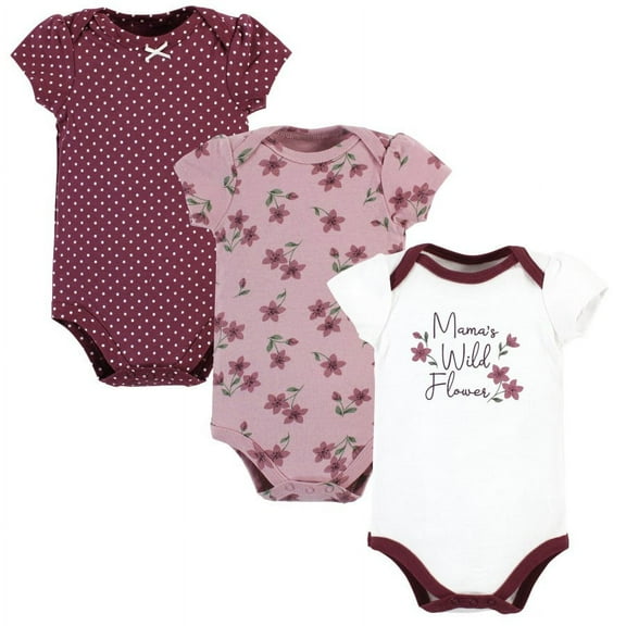 Hudson Baby Infant Girl Cotton Bodysuits, Plum Wildflower, Preemie