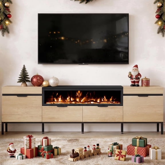 Kincubow 80 inch TV Stand with 40 inch Decorative Electric Fireplace, Wood Storage Console for Living Room