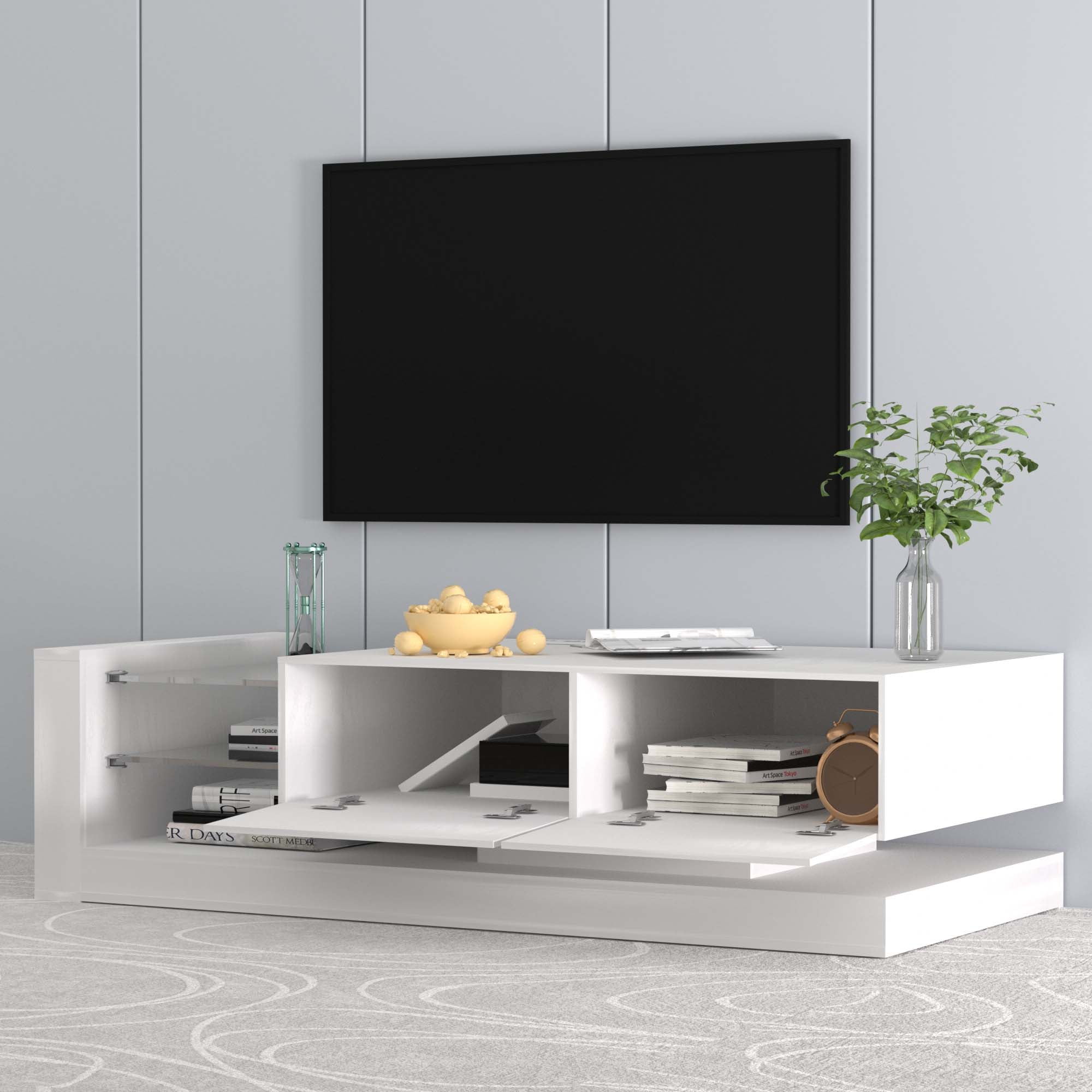 Aukfa Modern TV Stand for TVs up to 75",  TV Console Table, LED Lights, Power Outlets - White