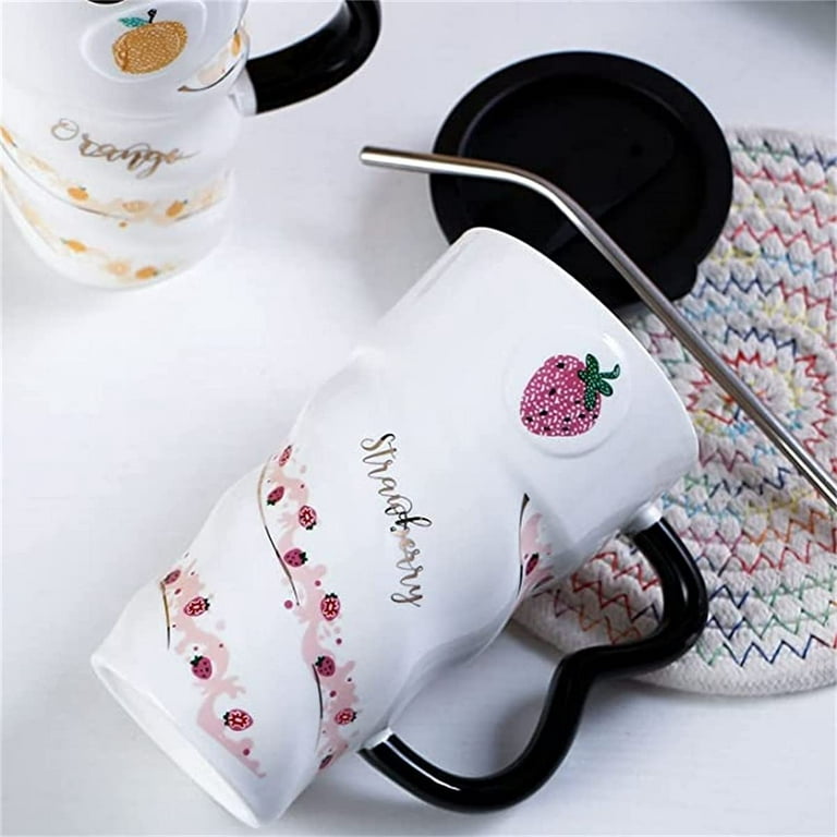 Cute Ceramic Fruity Soft Drink Can Cup Mug with Straw
