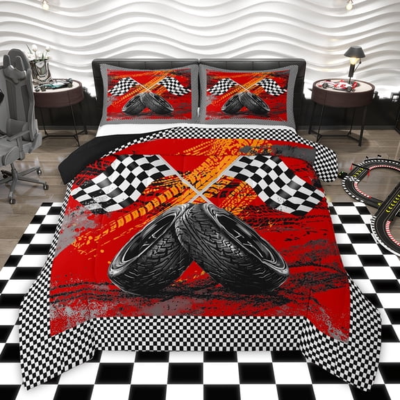 Castle Fairy Geometric Checkered Flag Twin Comforter Sets,Racing Car Bedding Set