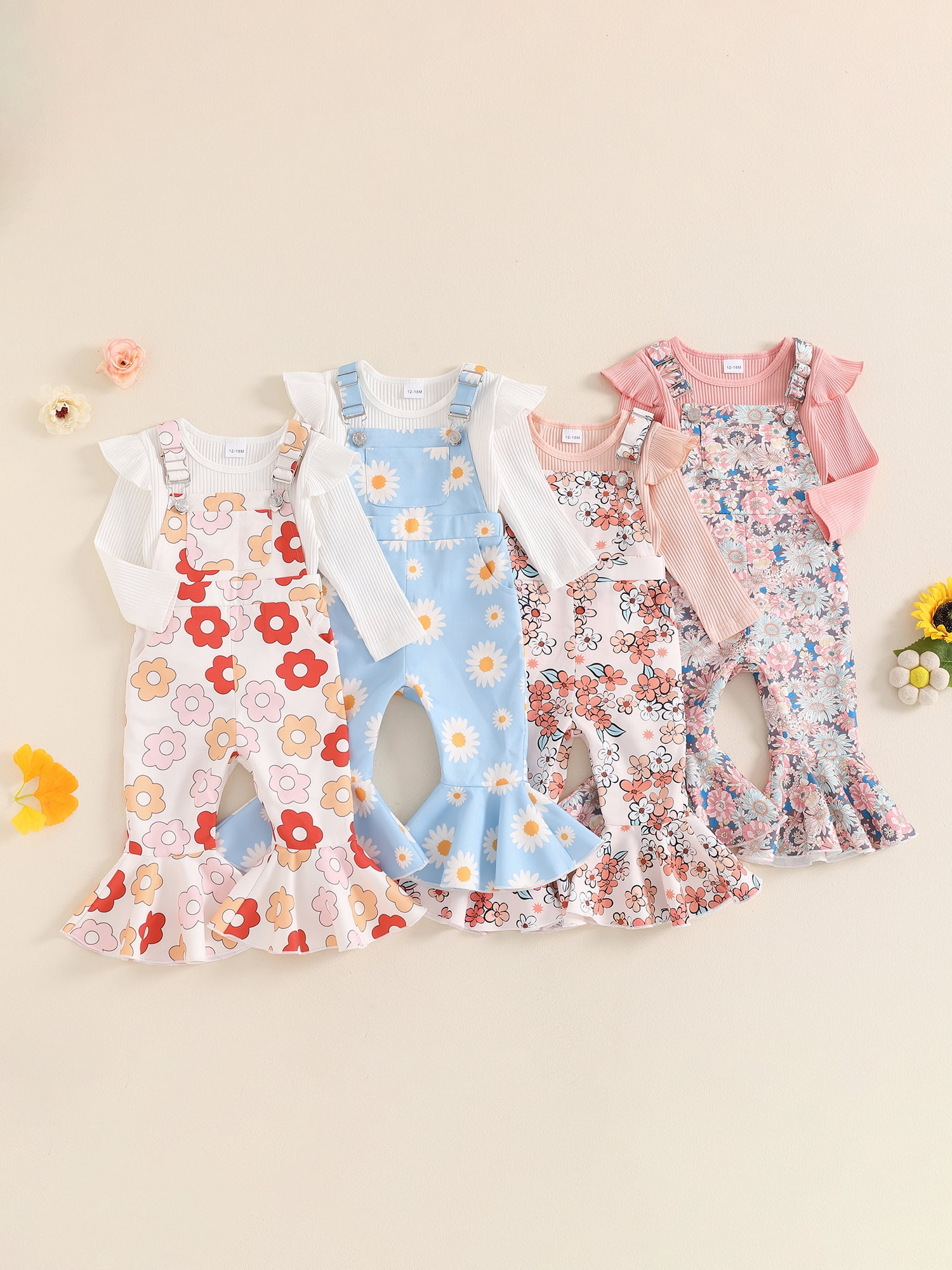 Hirigin Toddler Baby Girl Fall Clothes 1-5 Years Floral Print Overalls Suspender Flare Pants Long Sleeve Ruffle Knit Top 2Pcs Outfits Set