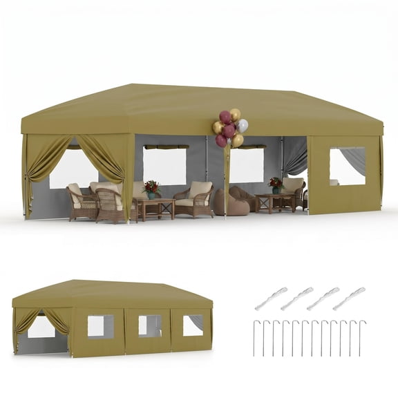 10x30ft Pop Up Canopy with 8 Removable Sidewalls, UV50 Outdoor Tent with Sandbags, Stakes & Ropes, 3-Level Height Adjustment for Wedding & Party, Khaki