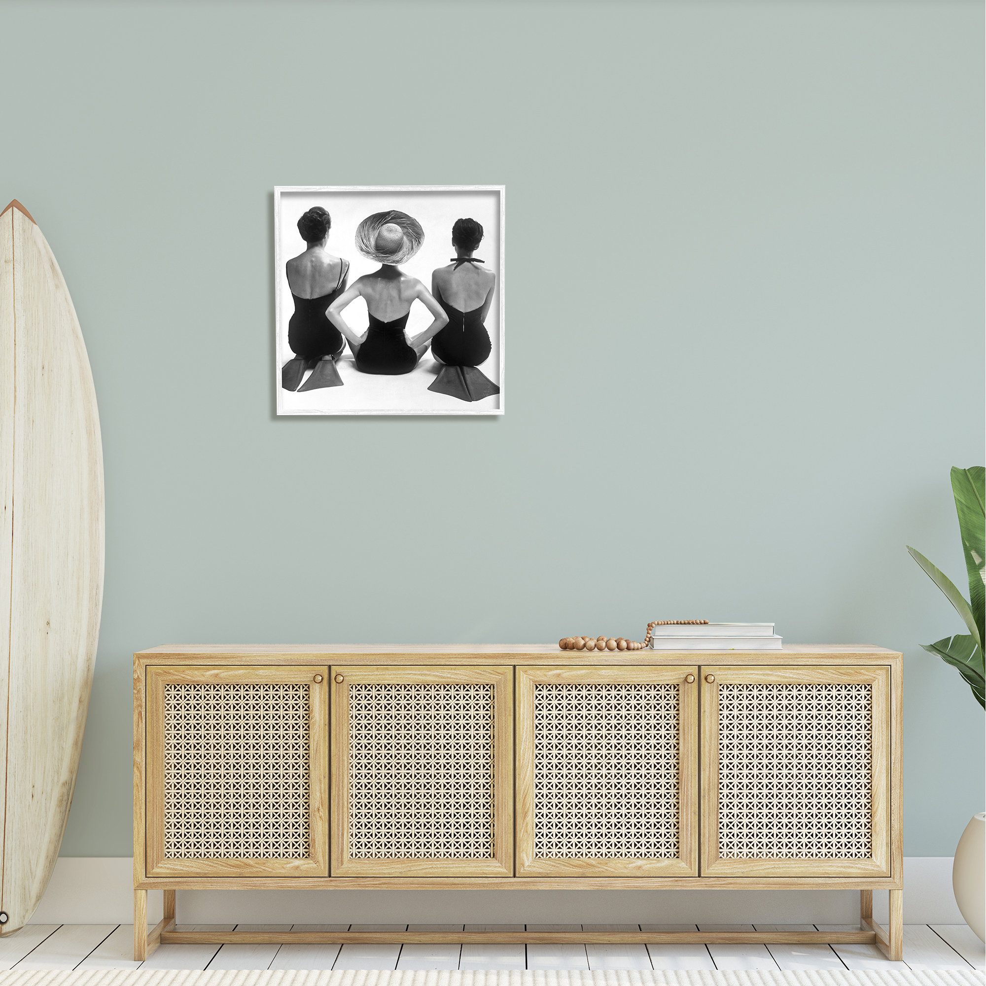 Stupell Industries Women Sitting Beach Monochrome Vintage Swimsuits Flippers Photograph White Framed Art Print Wall Art, Design by Graffitee Studios