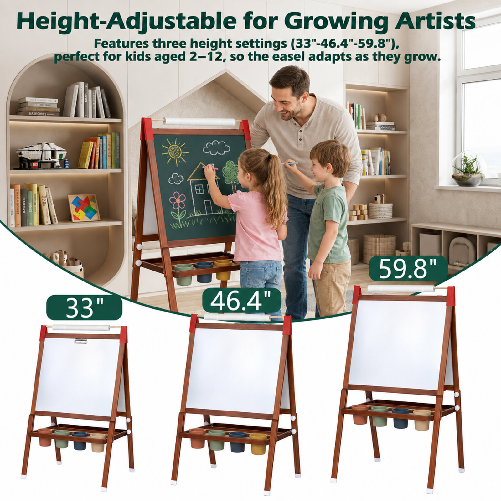 Fenbeli Wooden Kids Art Easel, Height-Adjustable Double-Sided Magnetic Whiteboard and Chalkboard for Ages 3-12, Natural Wood