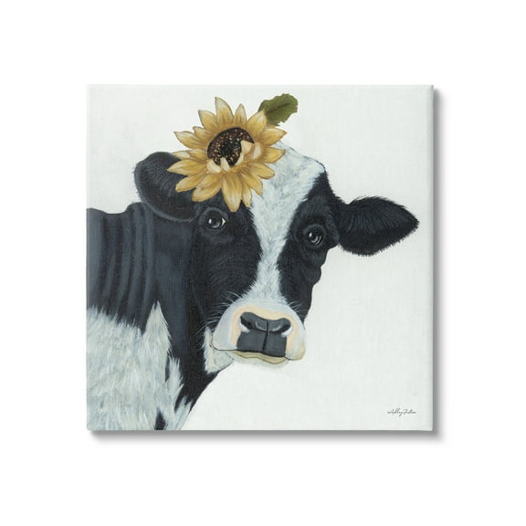 Stupell Cow Portrait Sunflower Blossom Farmhouse Animals & Insects Painting Gallery Wrapped Canvas Print Wall Art