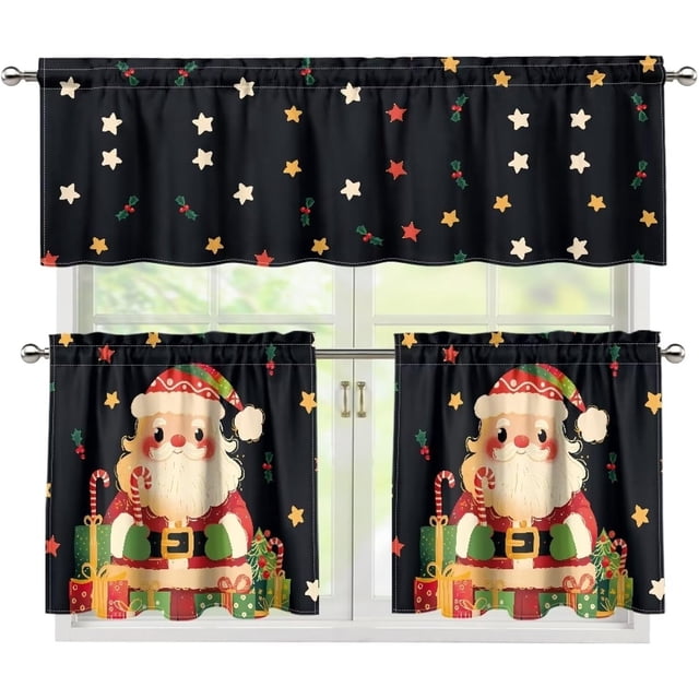 Christmas Kitchen Curtains and Valances Set 24 Inches Length Santa Claus Kitchen Curtains Sets for Windows Drape Swag Curtains for Kitchen Cafe Living Room