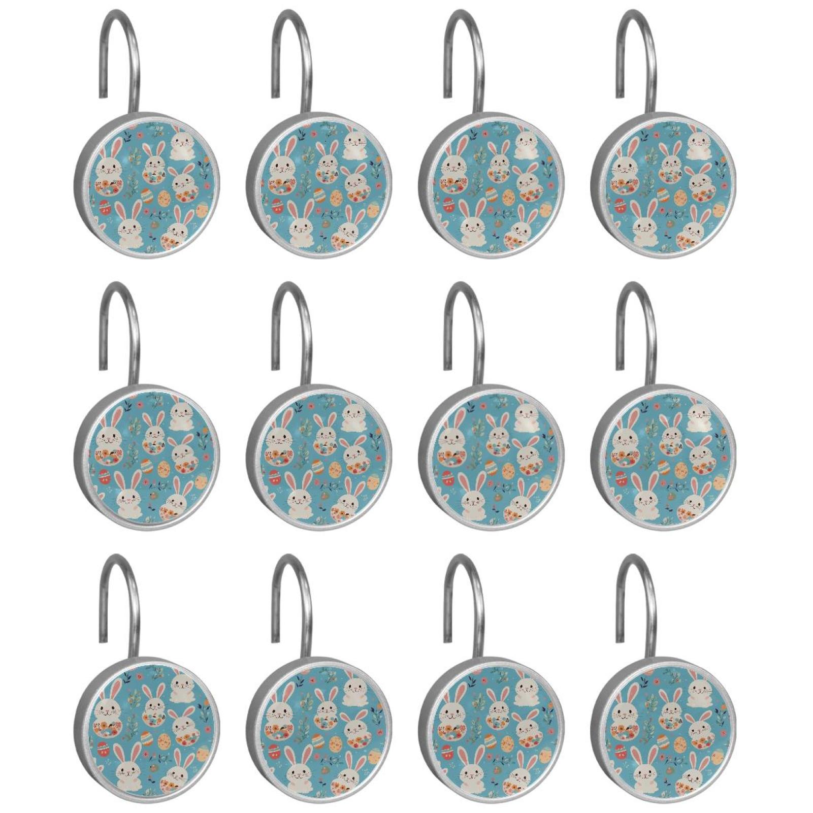 Imobaby 12 Pcs Metal Shower Curtain Hooks Rust Proof for Shower Curtain Liner - Blue Flower Little White Rabbit