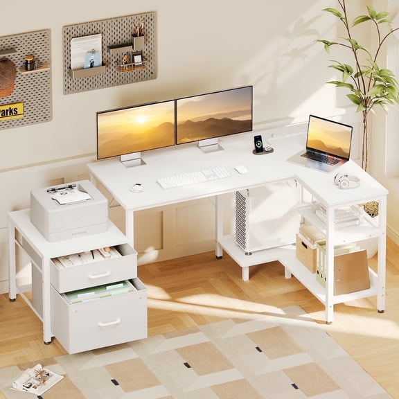 Casacomoda L Shaped Desk with Power Outlets, Large Computer Desk with File Drawer, Home Office Desk with Printer Stand & Storage Shelves, Corner Desk, White