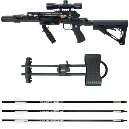 Ballista Hawkwing L-Stock Crossbow Hunting Bundle with 4x32 Viper Eye Scope STING 16 Micro Carbon Bolts and Universal Picatinny Quiver - Compact 200 lb Crossbow Kit up to 500 FPS
