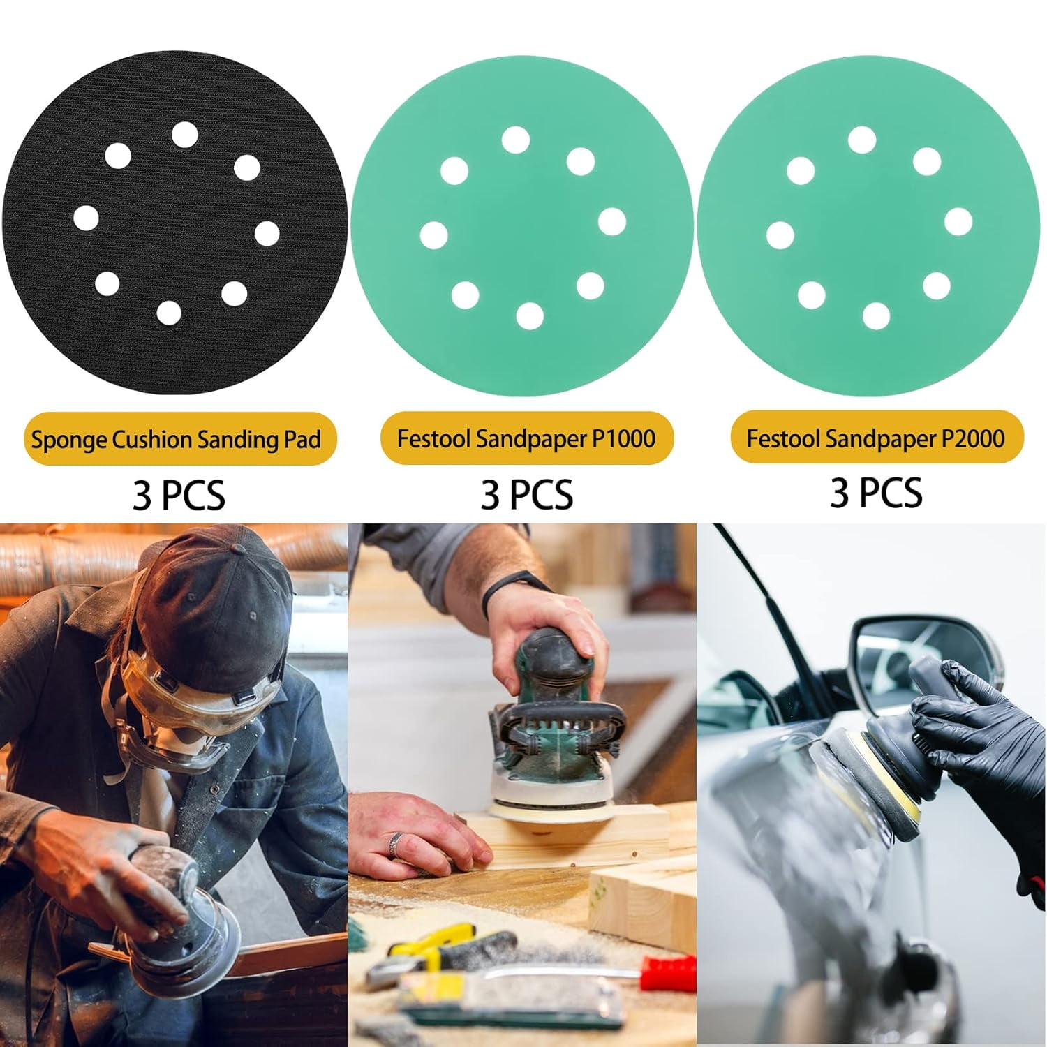 Foam sanding pads suitable for orbital sanders - 3 pieces of 5-inch 8-hole interface hook-and-loop sanding pads, with 6 pieces of sandpaper