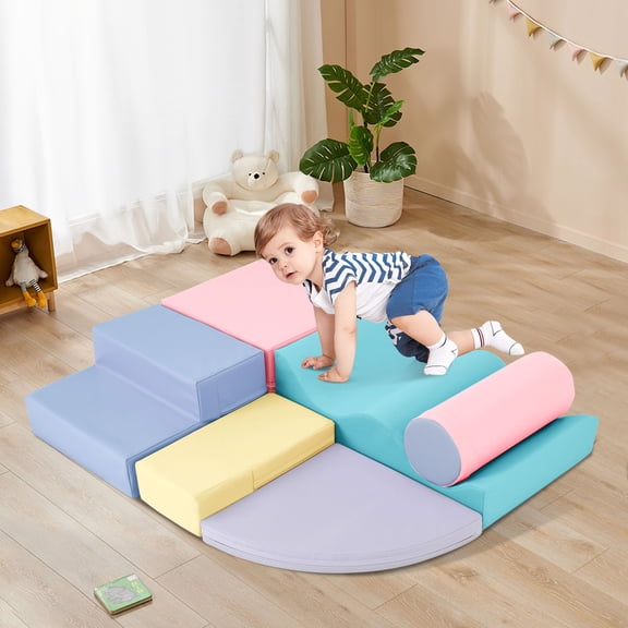 YIYADO Toddler Climbing Toys Indoor 6-in-1 Colorful Foam Climbing Blocks, Toddler Soft Climbing, Modular Crawling and Sliding Play Set for Toddlers 1-3 Years Old Blue