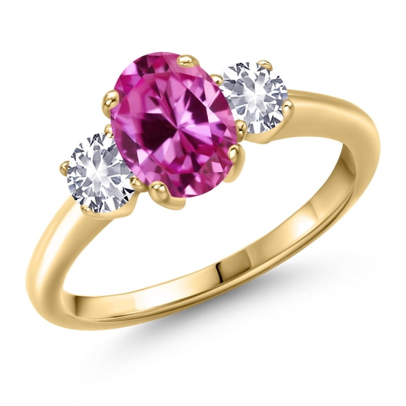 Gem Stone King 10K Yellow Gold Pink Created Sapphire and White Created Sapphire Engagement Ring for Women | 2.15 Cttw | Oval 8X6MM | Gemstone September Birthstone | Size 9