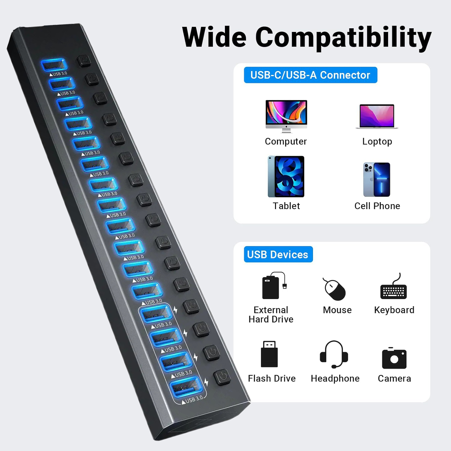 AUBEAMTO  16-Port Powered USB3.0 Hub, USB3.0 Hub [Durable Aluminum] 16Data Transfer Ports+ 4 Smart Charging Ports with Individual On/Off Switches, USB Hub 3.0 Powered with Power Adapter for Laptop PC