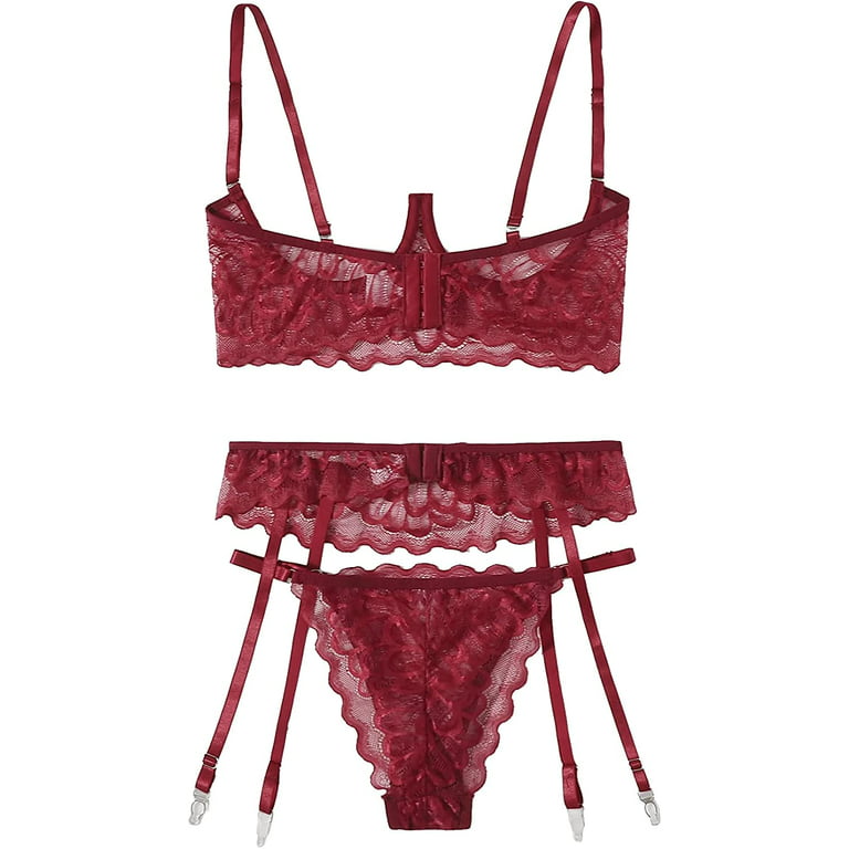 SheIn Women's Floral Lace Sexy Garter Sheer Lingerie Set Strappy