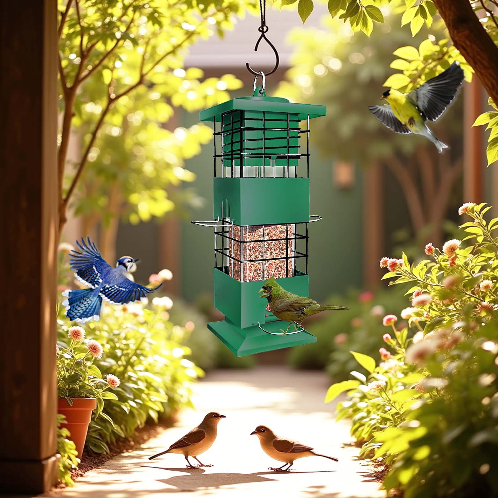 Squirrel Proof Bird Feeder,2.5LBS Metal Bird Feeders for Outdoors Hanging,Wild Birdseed Feeders for Finch Cardinal Blue Jay Outside (Green)